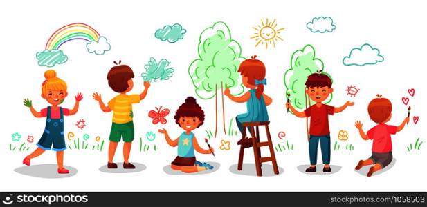 Kids drawing on wall. Childrens group draw color paintings on walls, child paint art or kindergarten kid painting rainbow, trees and clouds. Creative children drawing cartoon vector illustration. Kids drawing on wall. Childrens group draw color paintings on walls, child paint art cartoon vector illustration