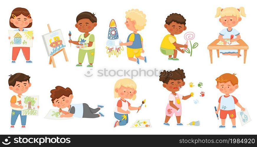 Kids drawing pictures on wall or paper, artistic children painting. Cartoon young artists, boys and girls with creative art hobby vector set. Preschool activity, cute characters with brush, pencil