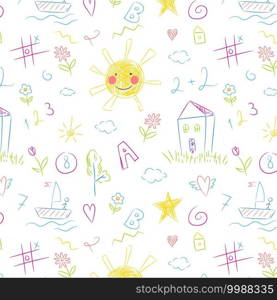 Kids drawing seamless pattern. Colorful childish doodles primitive wallpaper, crayons naive painting on white, sketches summer theme art. Decor textile, wrapping paper wallpaper vector print or fabric. Kids drawing seamless pattern. Colorful childish doodles primitive wallpaper, crayons naive painting, sketches summer theme art. Decor textile, wrapping paper wallpaper vector print or fabric