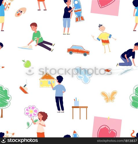 Kids drawing. Young painters, children kindergarten activity. Flat boy girl painting animal ship plane nature pictures vector seamless pattern. Illustration painter drawing, young kid, paint artist. Kids drawing. Young painters, children kindergarten activity. Flat boy girl painting animal ship plane nature pictures vector seamless pattern
