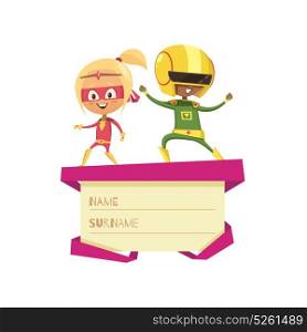 Kids Dressed As Superheroes Dancing On Lid Of Gift Box. Funny little girl and boy dressed as superheroes and dancing on lid of gift box flat cartoon vector illustration