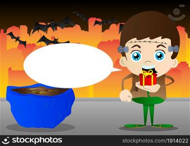 Kids dressed for Halloween holding small gift box. Vector cartoon character illustration of kids ready to Trick or Treat.