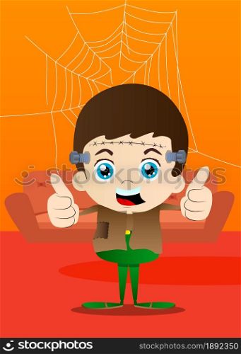 Kids dressed for Halloween making thumbs up sign with two hands. Vector cartoon character illustration of kids ready to Trick or Treat.