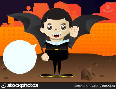 Kids dressed for Halloween with waving hand. Vector cartoon character illustration of kids ready to Trick or Treat.