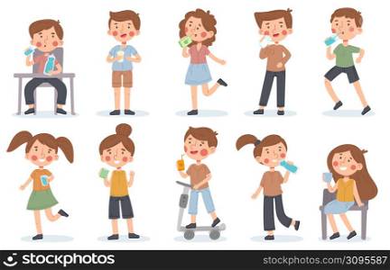 Kids drink water, juice or milk, thirsty kindergarten children. Girls and boys drinking delicious drinks vector illustration set. Baby characters drinking with bottles. Juice and water beverage. Kids drink water, juice or milk, thirsty kindergarten children. Girls and boys drinking delicious drinks vector illustration set. Baby characters drinking with bottles