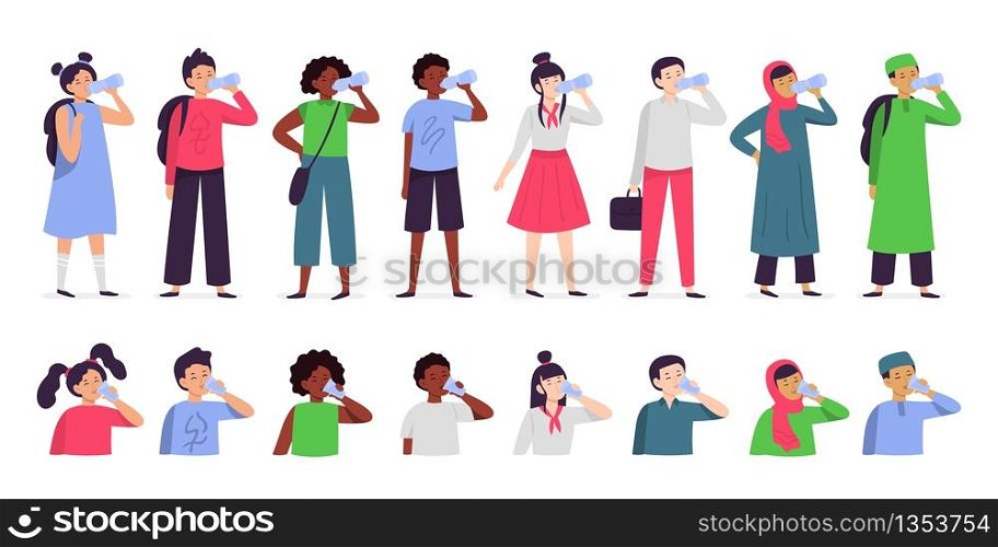 Kids drink water. Multiethnic childrens drinks drinking water from bottle and glass. Water for kid vector illustration set. Children drink water, liquid and freshness aqua. Kids drink water. Multiethnic childrens drinks drinking water from bottle and glass. Water for kid vector illustration set