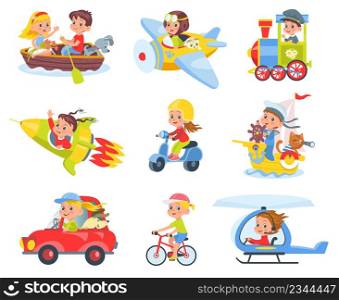 Kids drivers and pilots. Cute children in colorful childish transport, smiling boys and girls driving helicopters and planes, rockets and cars, ships and boats vector cartoon flat style isolated set. Kids drivers and pilots. Cute children in colorful childish transport, smiling boys and girls driving helicopters and planes, rockets and cars, ships and boats vector cartoon flat set