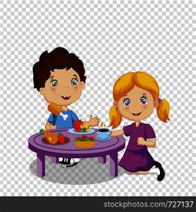 Kids Eating. Funny Smiling Cartoon Boy and Girl Sitting at Table with Healthy Food Eat Vegetables, Fruit Isolated on Transparent Background, Kindergarten Character Vector Illustration, Clip Art. Kids Eating. Funny Boy and Girl Sitting at Table