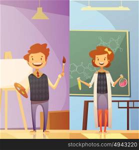 Kids Education 2 Vertical Cartoon Banners . Primary and middle school classrooms with smiling kids 2 vertical cartoon style education banners isolated vector illustration