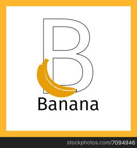 Kids education card with banana fruit and outline letter B for coloring, vector illustration. Banana and letter B coloring page