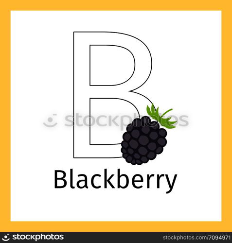 Kids education card with blackberry and outline letter B for coloring, vector illustration. Blackberry and letter B coloring page