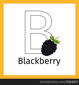 Kids education card with blackberry and outline letter B for coloring, vector illustration. Blackberry and letter B coloring page
