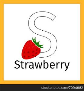 Kids education card with strawberry and outline letter S for coloring, vector illustration. Strawberry and letter S coloring page