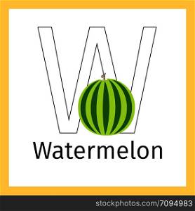 Kids education card with watermelon fruit and outline letter W for coloring, vector illustration. Watermelon and letter W coloring page