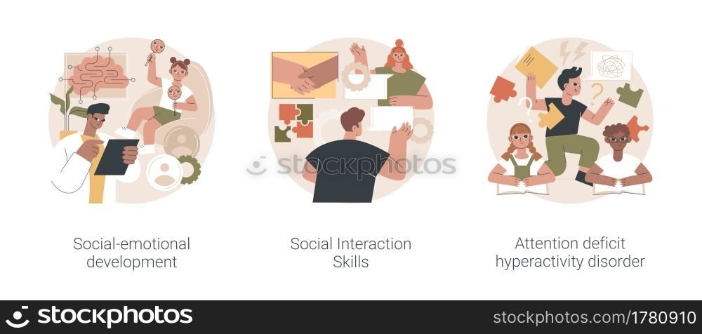 Kids emotional management abstract concept vector illustration set. Social development and interaction skills, attention deficit hyperactivity disorder, autism diagnostics, ADHD abstract metaphor.. Kids emotional management abstract concept vector illustrations.
