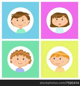Kids emotions, portrait glossy view of children on bright colors. Head of smiling teenagers, kids set of boys and girls in round icons, young people vector. Smiling Teenagers, Face View of Children Vector
