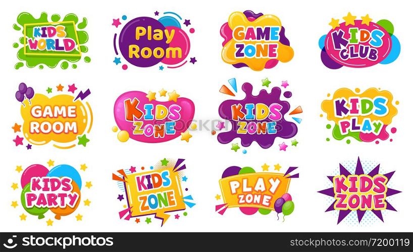 Kids entertainment badges. Game room party labels, children education and entertainment club elements. Baby playing zone vector illustration set. Playroom area, child and kids zone for game. Kids entertainment badges. Game room party labels, children education and entertainment club elements. Baby playing zone vector illustration set