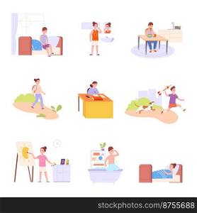 Kids everyday activities. Daily child actions collection, day time children schedule, study school exercise sleep night bathroom hygiene active playing, vector illustration. Character kid daily. Kids everyday activities. Daily child actions cartoon collection, day time children schedule, study school exercise sleep night bathroom hygiene active playing, vector illustration