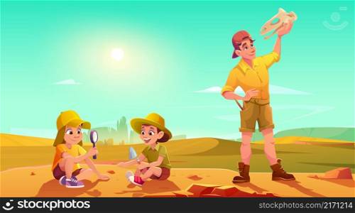 Kids explore archaeology and dino fossils, children play in archaeologists on excavations, digging soil, exploring artifacts with glass. Adult man holding dinosaur skull, cartoon vector illustration. Kids explore dino fossils, play in archaeologists