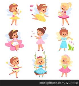 Kids fairies. Beautiful little sorceresses with magical accessories, wings, tiaras and flowers, cute princess myth girls in dresses collection. Flying fairytale elf babies. Vector cartoon isolated set. Kids fairies. Beautiful little sorceresses with magical accessories, wings, tiaras and flowers, cute princess myth girls in dresses. Flying fairytale elf babies. Vector cartoon isolated set