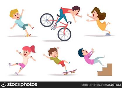 Kids falling. Boys girls outdoor running and falling shocked accident dangerous situation for children exact vector concept pictures. Illustration of boy and girl falling and fall outdoor accident. Kids falling. Boys girls outdoor running and falling shocked accident dangerous situation for children exact vector concept pictures