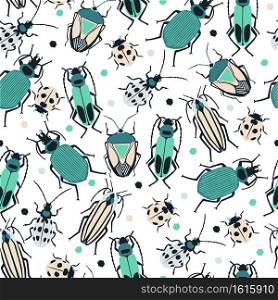 Kids fashion design for textile, wallpaper, wrapping, web backgrounds and other pattern fills. Collection of beetles. Vector seamless pattern with bright and funny insects. Colored geometric bugs.