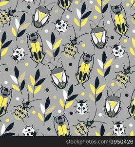 Kids fashion design for textile, wallpaper, wrapping, web backgrounds and other pattern fills. Collection of beetles. Vector seamless pattern with bright and funny insects. Colored geometric bugs.