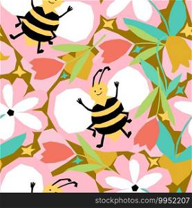 Kids fashion design for textile, wallpaper, wrapping, web backgrounds and other pattern fills. Vector seamless pattern with happy bees in applique style Kids fabric design