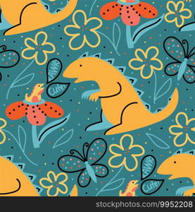 Kids fashion design for textile, wallpaper, wrapping, web backgrounds and other pattern fills. Vector seamless pattern with big and small tyrannosaurs on the background of butterflies and flowers Illustration with dinosaurs