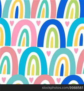 Kids fashion design for textile, wallpaper, wrapping, web backgrounds and other pattern fills. Vector seamless bright childish pattern with rainbows and hearts