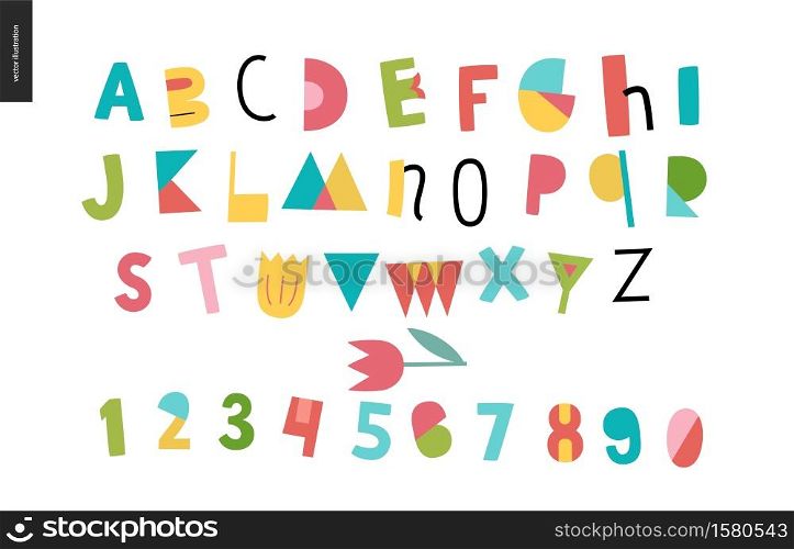 Kids flat alphabet set - Fun latin font - letters and digits. Kids flat alphabet set