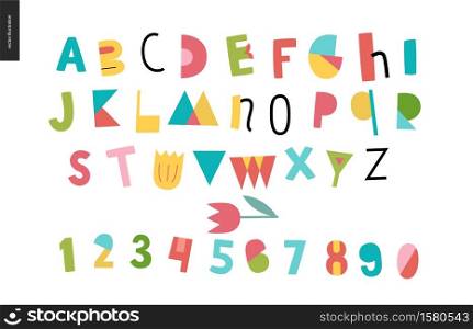 Kids flat alphabet set - Fun latin font - letters and digits. Kids flat alphabet set