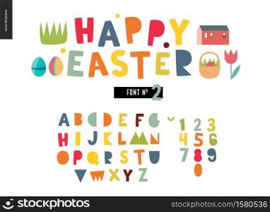 Kids flat alphabet set - Happy easter latin font - letters and digits. Kids flat alphabet set