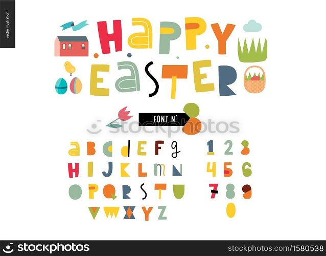 Kids flat alphabet set - Happy easter latin font - letters and digits. Kids flat alphabet set
