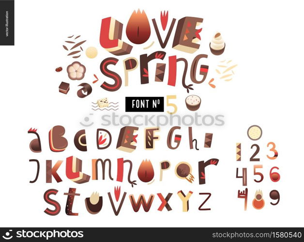 Kids flat alphabet set - Love spring latin font - letters and digits. Kids flat alphabet set