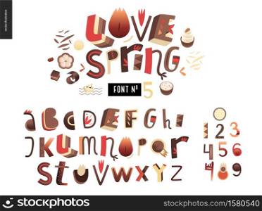Kids flat alphabet set - Love spring latin font - letters and digits. Kids flat alphabet set