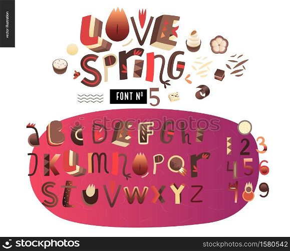 Kids flat alphabet set - Love spring latin font - letters and digits. Kids flat alphabet set