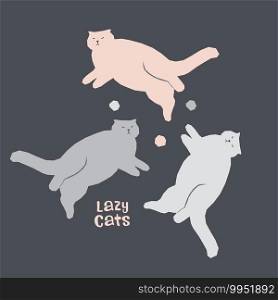Kids flat design cats illustration. Vector collection with fat lazy lying cats