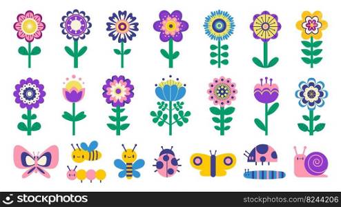 Kids flowers and butterflies. Cute cartoon simple flowers and bugs children illustration, spring and summer garden elements clipart. Vector isolated set. Colorful blooming plants with bee, ladybug. Kids flowers and butterflies. Cute cartoon simple flowers and bugs children illustration, spring and summer garden elements clipart. Vector isolated set