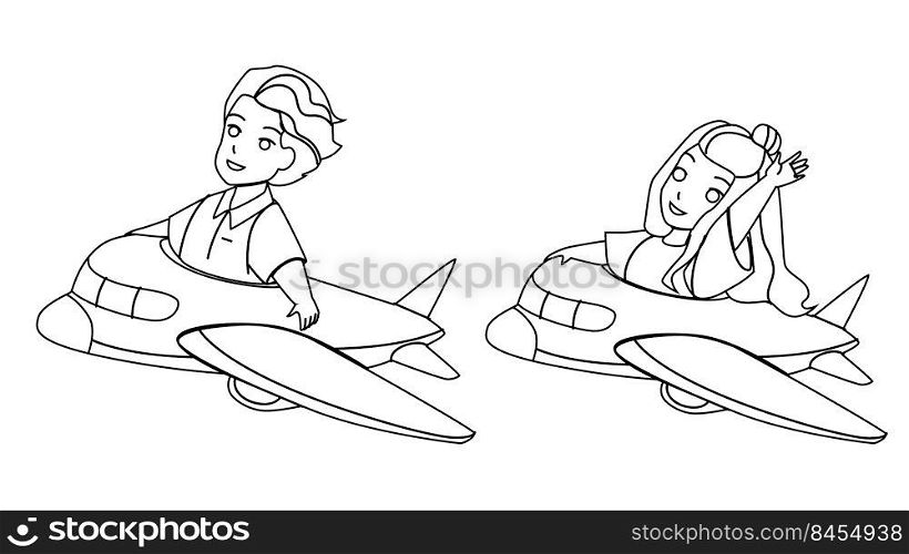 Kids Flying In Airplane Attraction Together Vector. Boy And Girl Fly In Airplane, Children Resting In Amusement Park Or Playground. Characters Leisure Funny Time black line illustration. Kids Flying In Airplane Attraction Together Vector