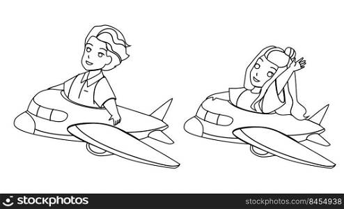 Kids Flying In Airplane Attraction Together Vector. Boy And Girl Fly In Airplane, Children Resting In Amusement Park Or Playground. Characters Leisure Funny Time black line illustration. Kids Flying In Airplane Attraction Together Vector