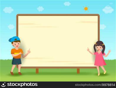 Kids frame with boy and girl on park background.