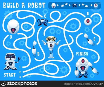 Kids game build a robot maze with cartoon artificial intelligence bots and spare parts. Vector education puzzle, find right way game or riddle on background with gears and androids. Kids game build a robot, labyrinth maze with bots