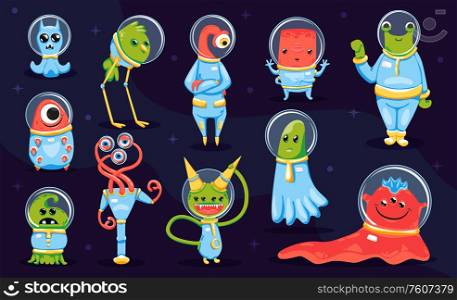 Kids game collection of colored monsters and aliens cartoon characters on dark background isolated vector illustration