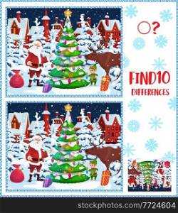 Kids game find ten differences. Vector cartoon Christmas characters Santa Claus and elf decorate fir tree on snowy landscape background with cute houses. Educational children riddle, leisure activity. Kids game find ten differences with Santa Claus