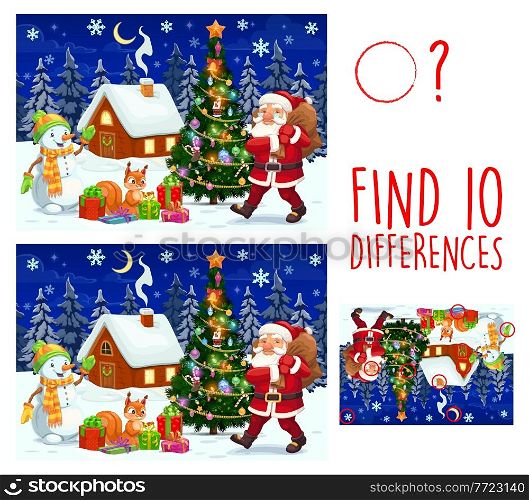Kids game find ten differences. Vector cartoon Christmas characters Santa Claus, snowman and squirrel on snowy landscape with decorated fir tree and house. Educational children riddle leisure activity. Kid game find ten differences Christmas characters