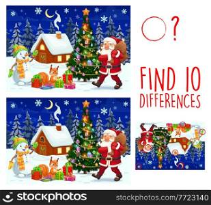 Kids game find ten differences. Vector cartoon Christmas characters Santa Claus, snowman and squirrel on snowy landscape with decorated fir tree and house. Educational children riddle leisure activity. Kid game find ten differences Christmas characters