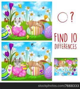 Kids game find ten differences with Easter rabbits and eggs. Vector puzzle with cute cartoon bunnies on green spring meadow with flowers and butterflies. Educational children riddle, leisure activity. Kids game find ten differences with Easter rabbits