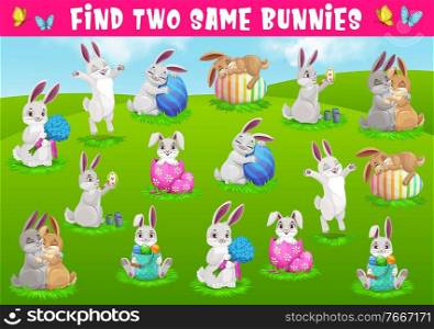 Kids game find two same bunnies. Vector puzzle with cute cartoon Easter rabbit characters with decorated eggs on green field playing, sleeping at spring. Educational riddle for attention development. Kids game find two same bunnies vector puzzle