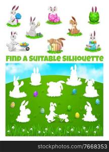 Kids game of find correct shadows of Easter egg hunt vector template. Children education worksheet, logic puzzle or riddle with cute cartoon Easter bunnies and eggs on spring green grass field. Kids game, find correct shadows of Easter egg hunt